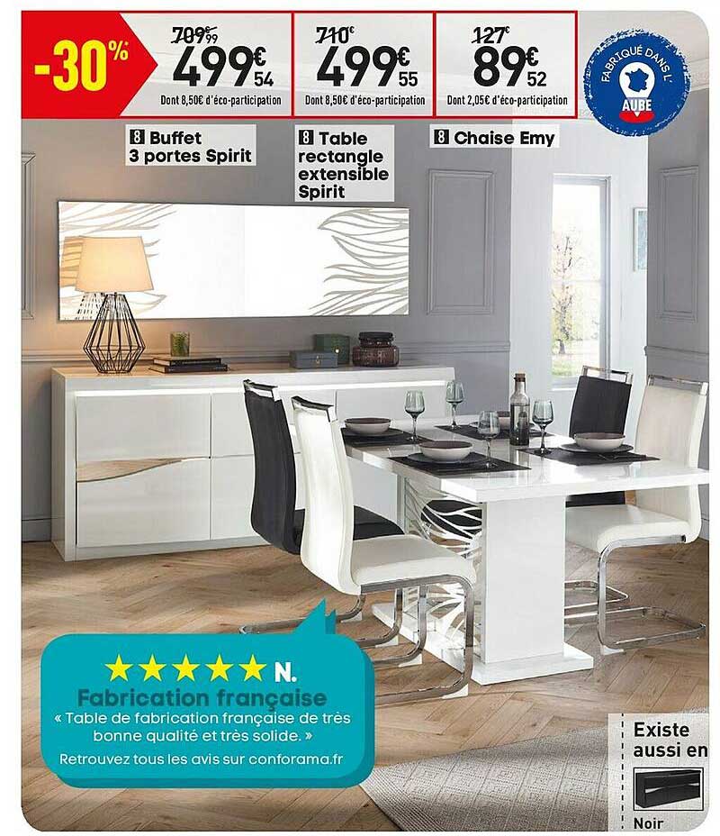 buffet 3 portes spirit, table rectangle extensible spirit, chaise emy