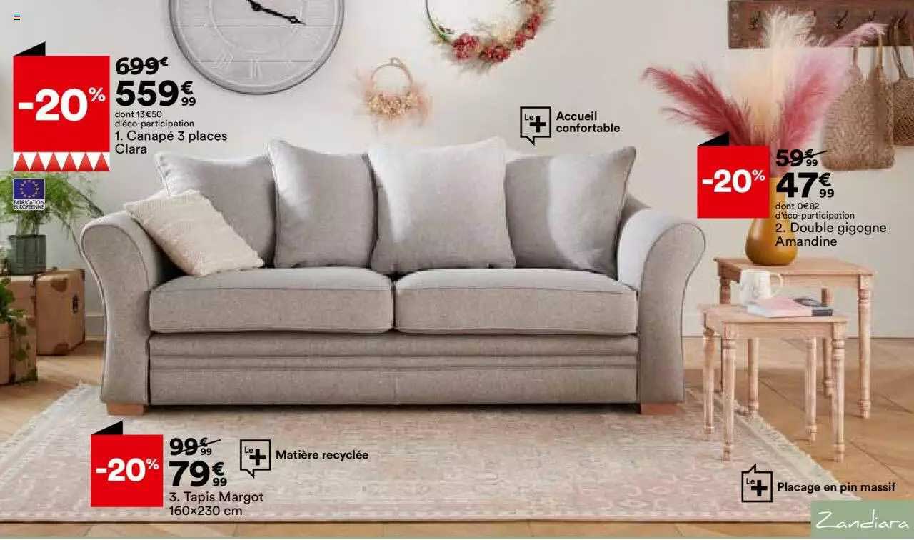 canapé 3 places clara, double gigogne amandine, tapis margot zandiara