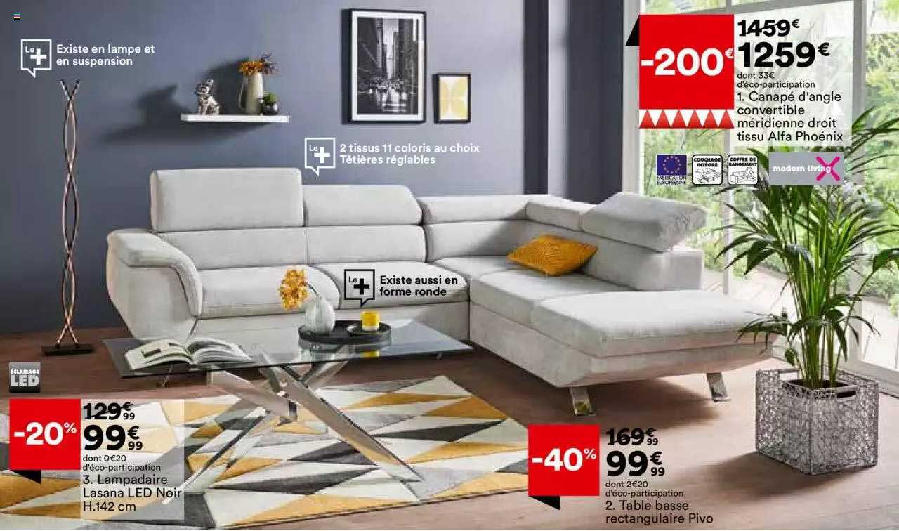 canapé d'angle convertible méridienne droit tissu alfa phoénix modern living, lampadaire lasana led noir h. 142 cm, table basse rectangulaire pivo