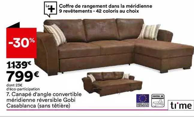 canapé d'angle convertible méridienne réversible gobi casablanca (sans têtière) time