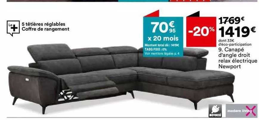 canapé d'angle droit relax électrique newport modern living