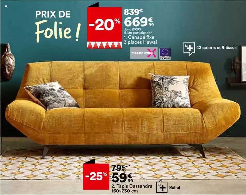 canapé fixe 3 places hawaï, tapis cassandra 160 x 230 cm modern living