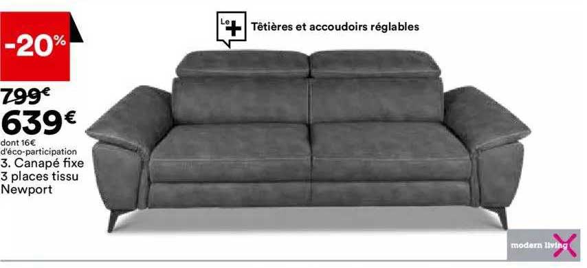 Canapé Fixe 3 Places Tissu Newport Modern Living