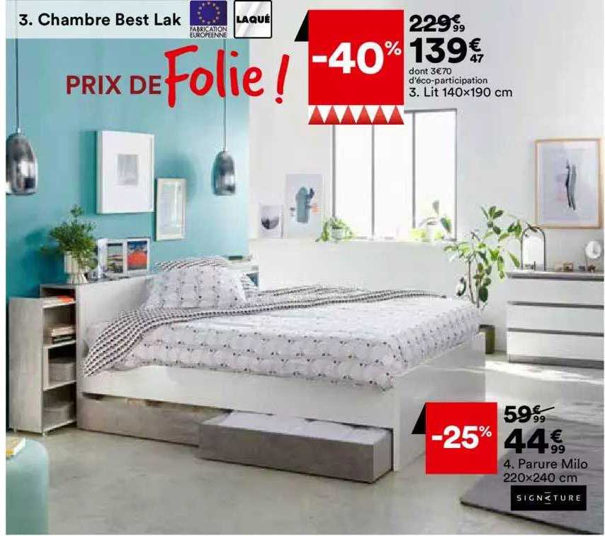 chambre best lak : lit 140 x 190 cm, parure milo 220 x 240 cm signature