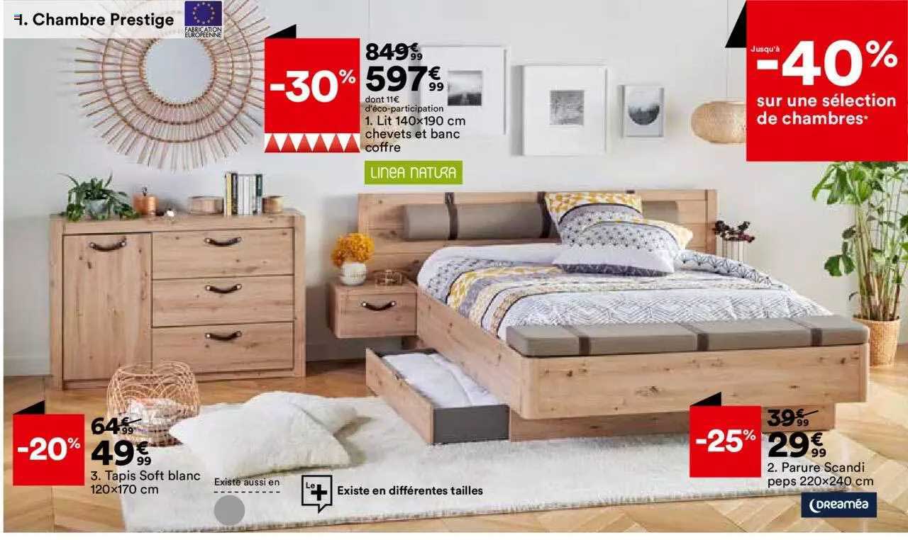 chambre prestige : lit 140 x 190 cm chevets et banc coffre linéa natura, parure scandi peps 220 x 240 cm dreaméa, tapis soft blanc 120 x 170 cm