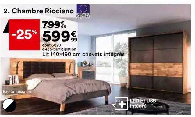 chambre ricciano : lit 140 x 190 cm chevets intégrés