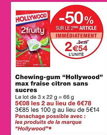 chewing-gum "hollywood" max fraise citron sans sucres