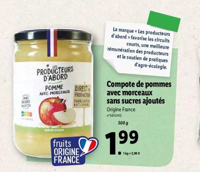 compote de pommes avec morceaux sans sucres ajoutés les producteurs d'abord