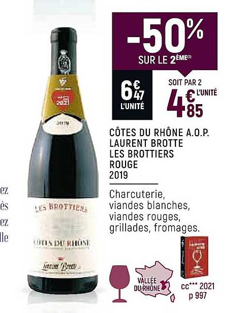 côtes de rhône a.o.p. laurent brotte les brottiers rouge 2019 -50% sur le 2ème