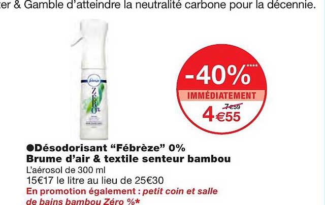 désodorisant "fébrèze" 0% brume d'air & textile senteur bambou