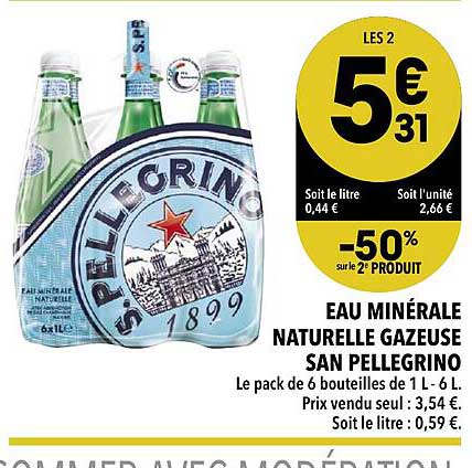eau minérale naturelle gazeuse san pellegrino -50% sur le 2e produit