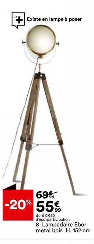 lampadaire ebor metal bois h. 152 cm