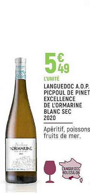 languedoc a.o.p. picpoul de pinet excellence de l'ormarine blanc sec 2020