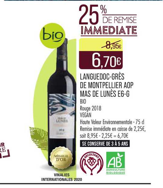 languedoc-grès de montpellier aop mas de lunès e6-g bio rouge 2018 vegan
