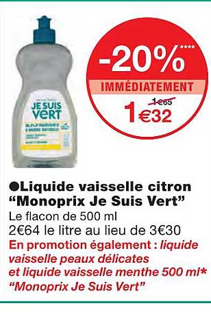 liquide vaisselle citron "monoprix je suis vert"