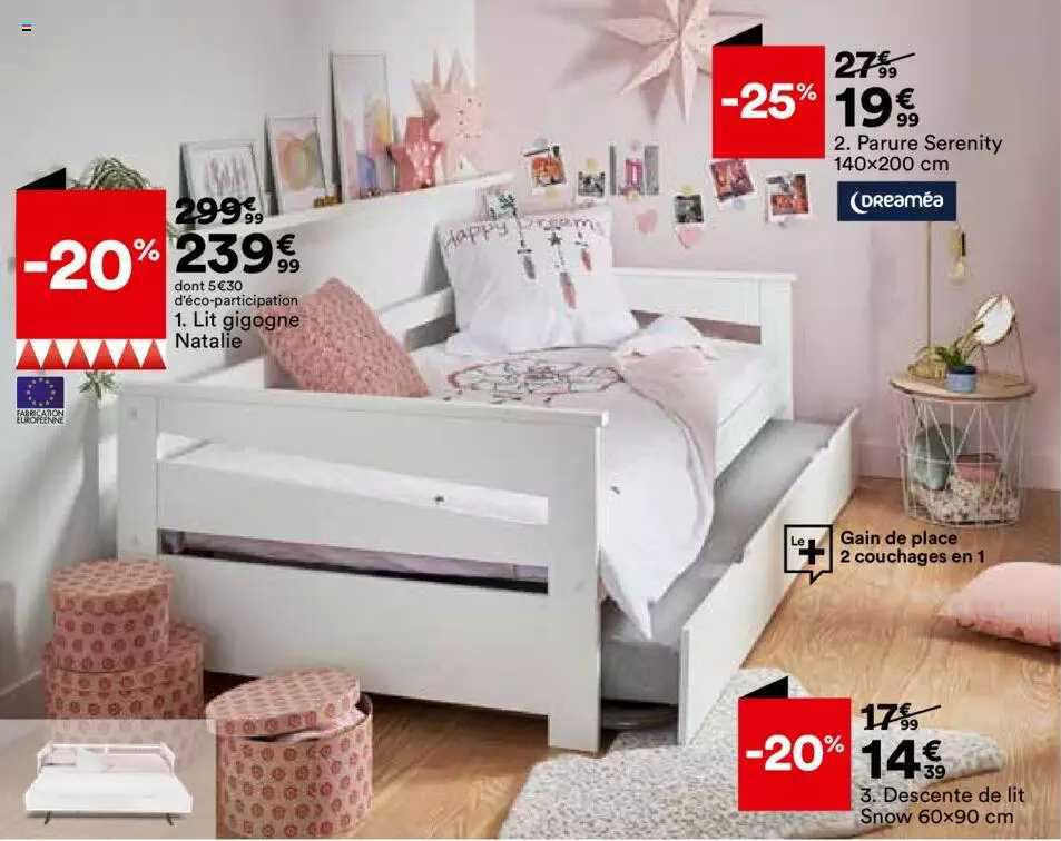 lit gigogne natalie, parure serenity 140 x 200 cm dreaméa, descente de lit snow 60 x 90 cm