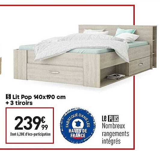 Lit Pop 140 X 190 Cm + 3 Tiroirs