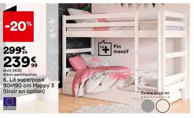 lit superposé 90 x 190 cm happy 3 (tiroir en option)