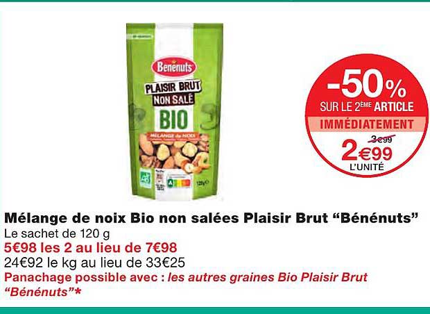 mélange de noix bio non salées plaisir brut "bénénuts"