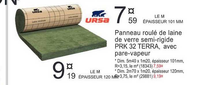 panneau roulé de laine de verre semi-rigide prk 32 terra avec pare-vapeur ursa