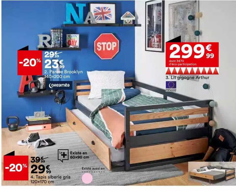 parure brooklin 140 x 200 cm dreaméa, lit gigogne arthur, tapis siberie gris 120 x 170 cm