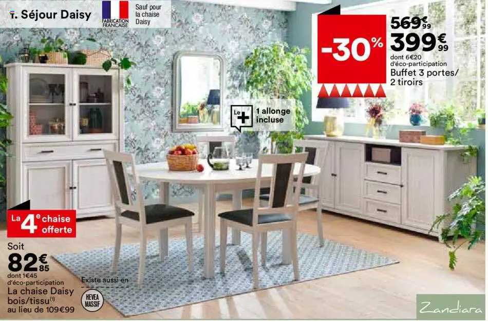 séjour daisy : la chaise daisy bois - tissu, buffet 3 portes - 2 tiroirs zandiara