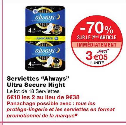 serviettes "always" ultra secure night