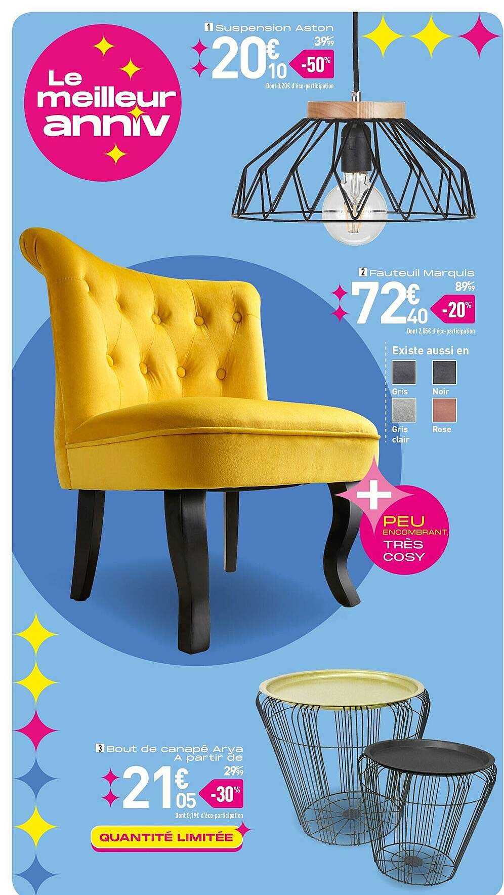 suspension aston, fauteuil marquis, bout de canapé arya