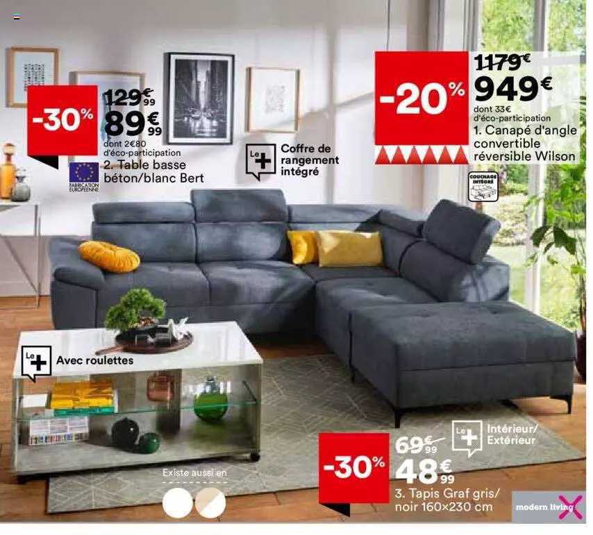 Table Basse Béton-blanc Bert, Canapé D'angle Convertible Réversible Wilson, Tapis Graf Gris-noir 160 X 230 Cm Modern Living