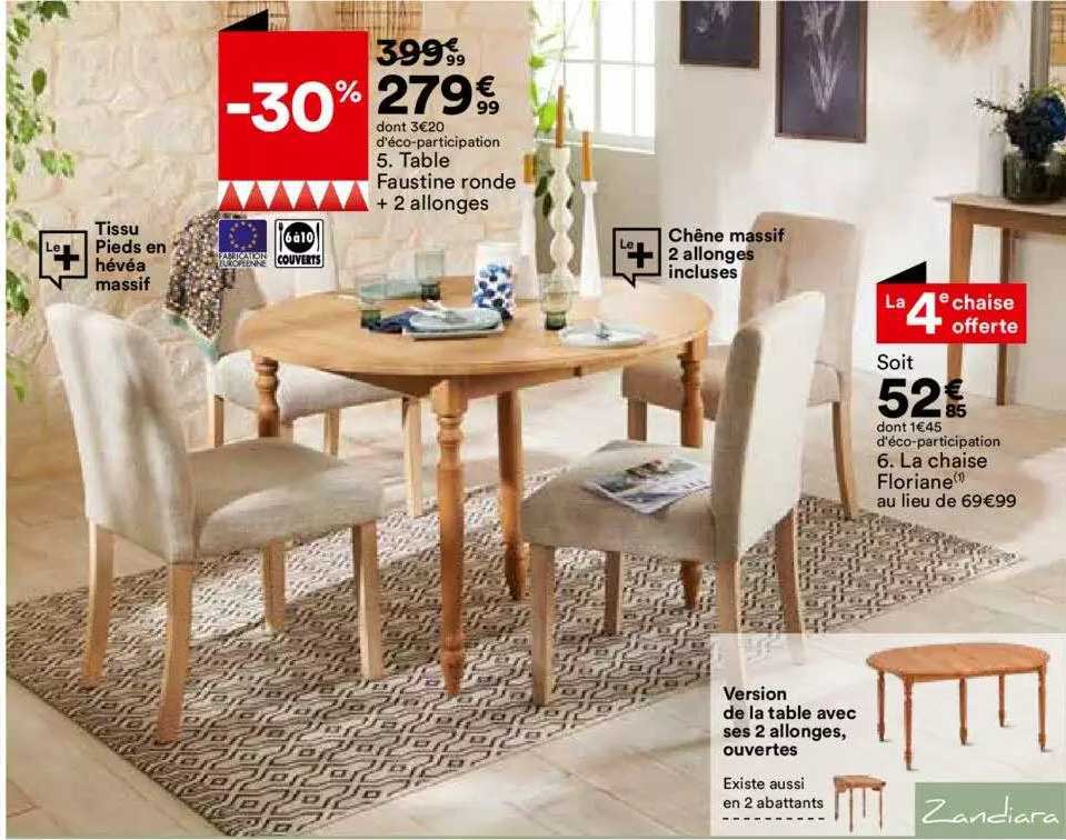 table faustine ronde + 2 allonges, la chaise floriane zandiara