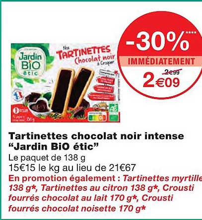 tartinettes chocolat noir intense "jardin bio étic"