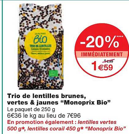 trio de lentilles brunes, vertes & jaunes "monoprix bio"