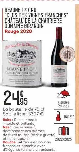 beaune 1er cru "clos des vignes franches" château de la charrière domaine girardin rouge 2020