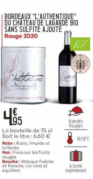 bordeaux "l'authentique" du château de lagarde bio sans sulfite ajouté rouge 2020