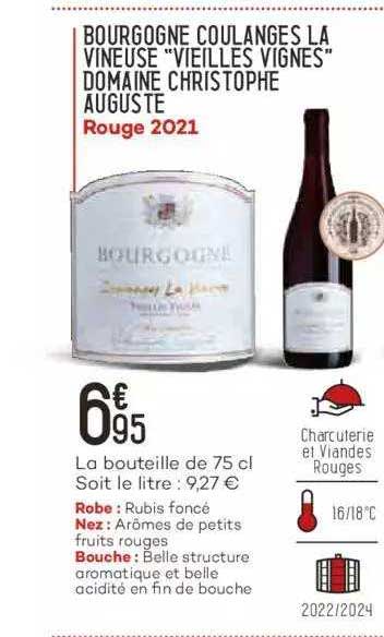 bourgogne coulanges la vineuse "vieilles vignes" domaine christophe auguste rouge 2021