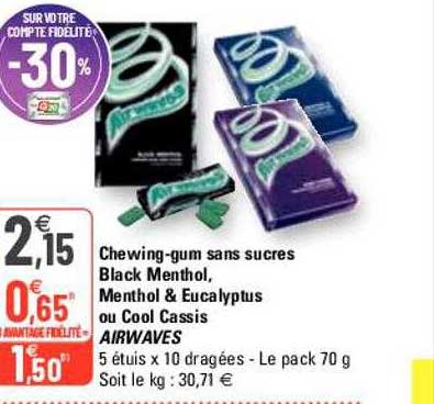 chewing-gum sans sucres blackk menthol, menthol & eucalyptus ou cool cassis airwaves