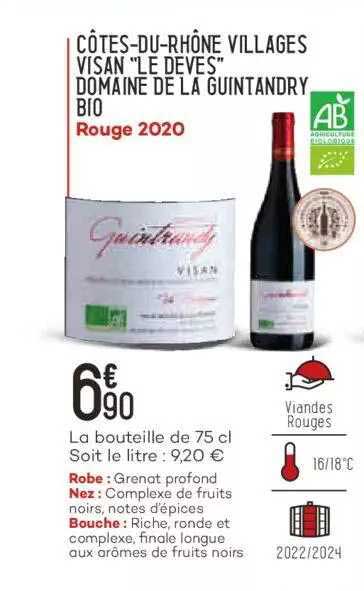 côtes-du-rhône villages visan "le deves" domaine de la guintandry bio rouge 2020