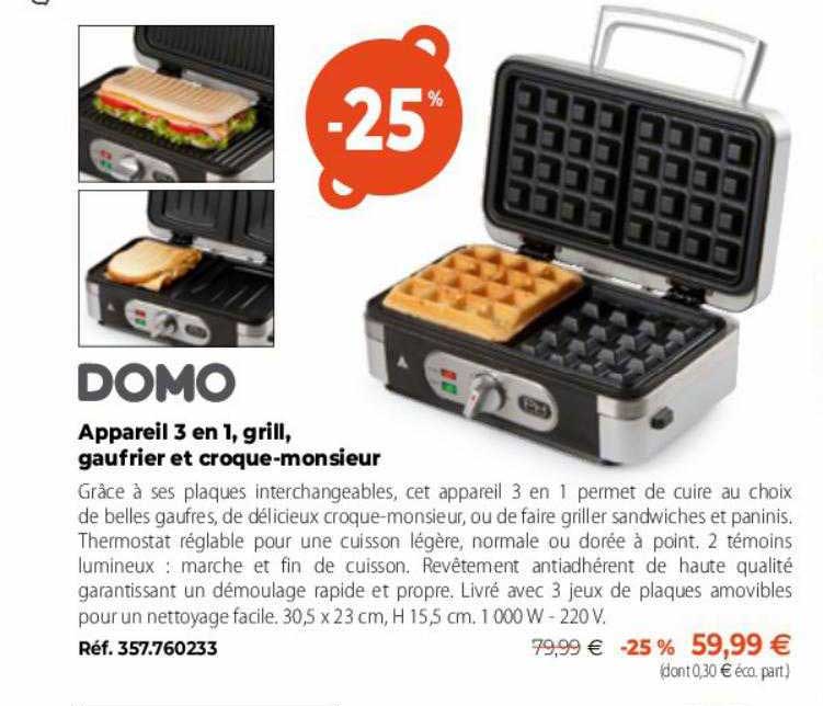 domo appareil 3en1, grill, gaufrier et croque-monsieur