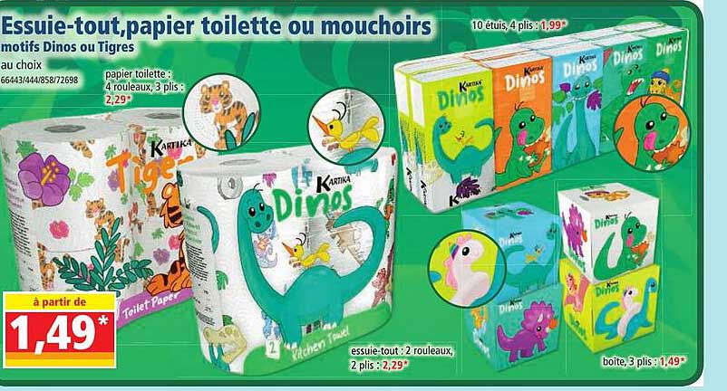 essuie-tout, papier toilette ou mouchoirs motifs dinos ou tigres