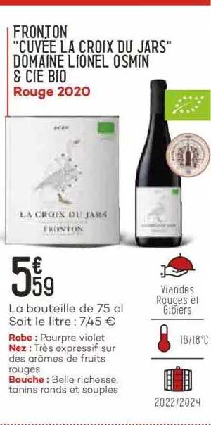 fronton "cuvée la croix du jars" domaine lionel osmin & cie bio rouge 2020
