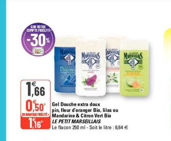 gel douche extra doux pin, fleur d'oranger bio, lilas ou mandarine & citron vert bio le petit marseillais