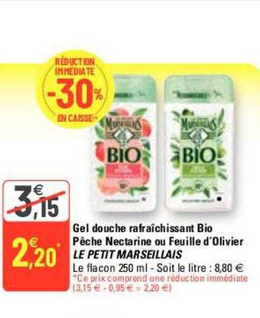gel douche rafraîchissant bio pêche nectarine ou feuille d'olivier le petit marseillais