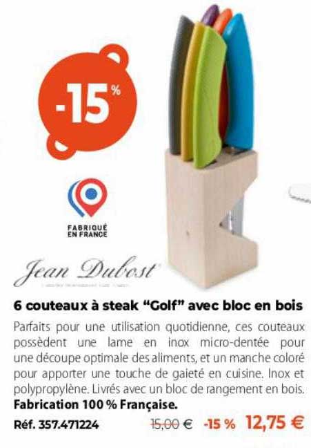 jean dubost 6 couteaux à steak "golf" avec bloc en bois