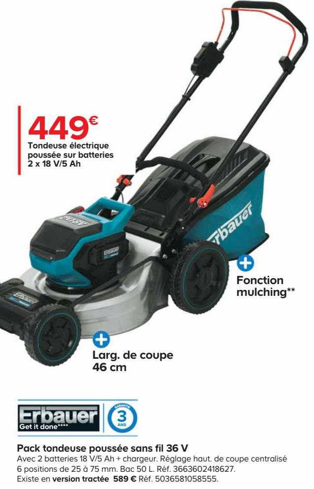 pack tondeuse poussée sans fil 36 v erbauer