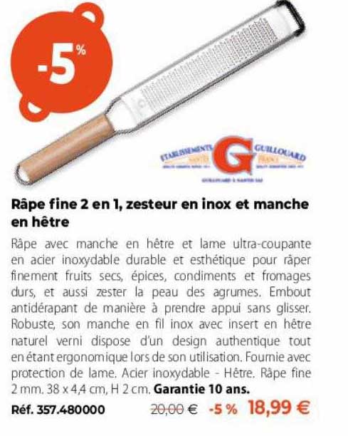 râpe fine 2en1, zesteur en inox et manche en hêtre