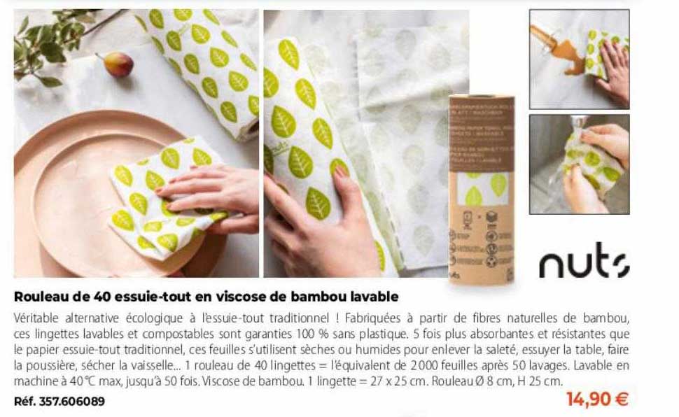 rouleau de 40 essuie-tout en viscose de bambou lavable