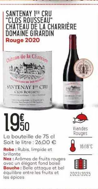 santenay 1er cru "clos rousseau" château de la charrière domaine girardin rouge 2020