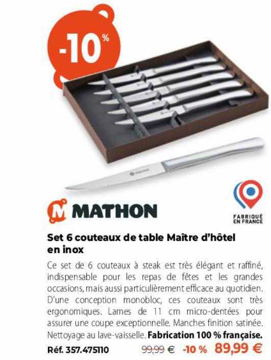 set 6 couteaux de table maître d'hôtel en inox