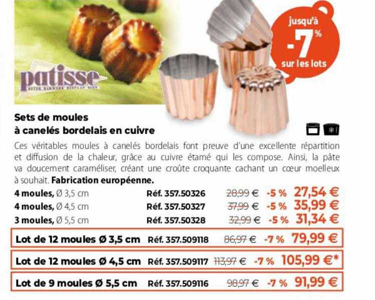sets de moules à canelés bordelais en cuivre patisse