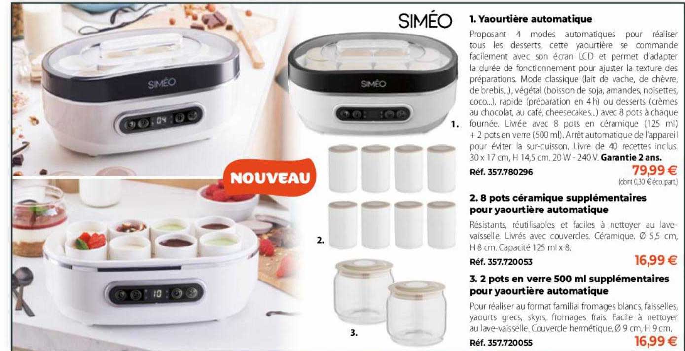 siméo yaourtière automatique, 8 pots céramique ou 2 pots en verre supplémentaires pour yaourtière automatique